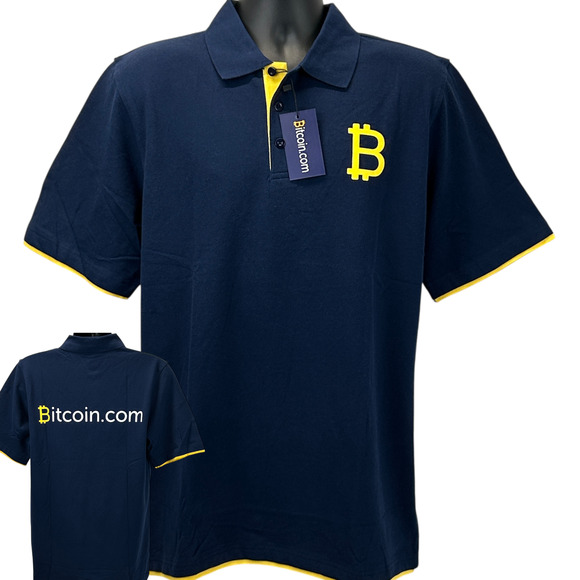 Bitcoin Polo T Shirt Mens L Large Blue Cryptocurrency BTC Officially Licensed - Picture 1 of 9